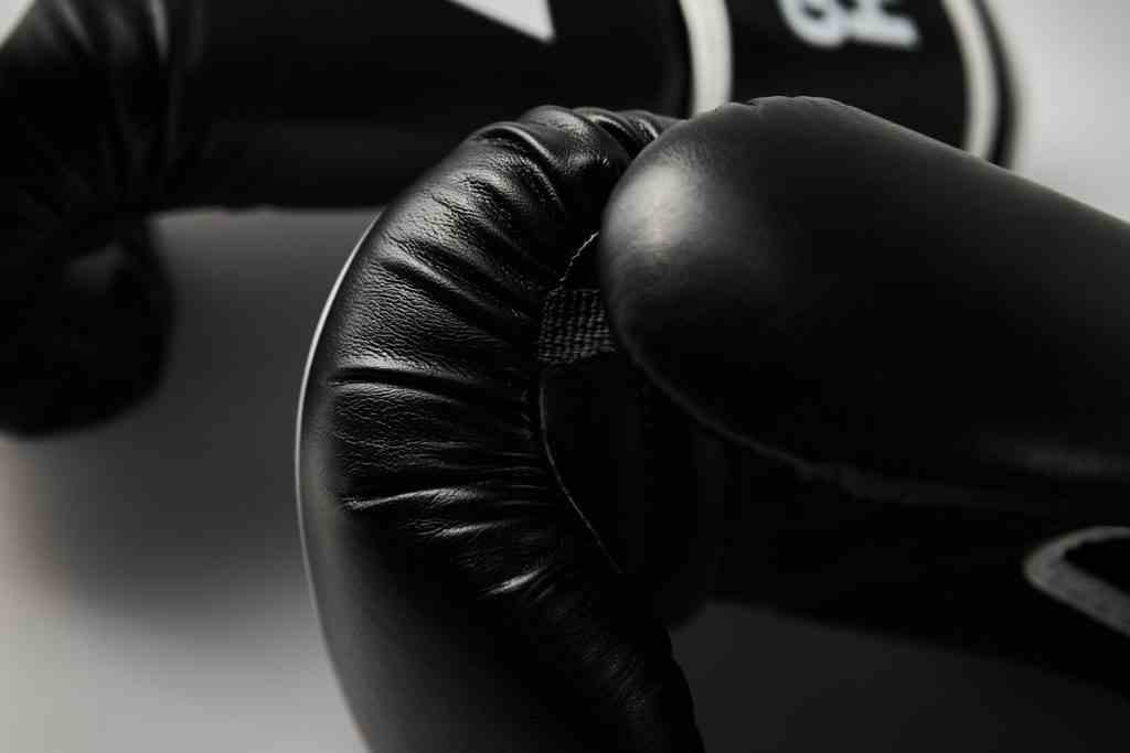 Pair of black boxing gloves on white background, closeup