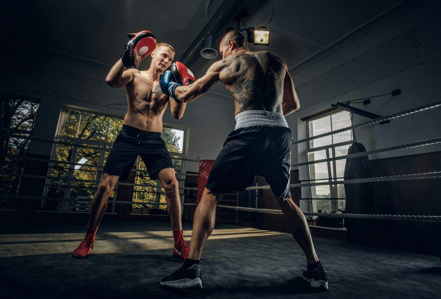20 bienfaits incontestables de la Boxe sur votre Santé Two sportive men have a boxing competition on the ring