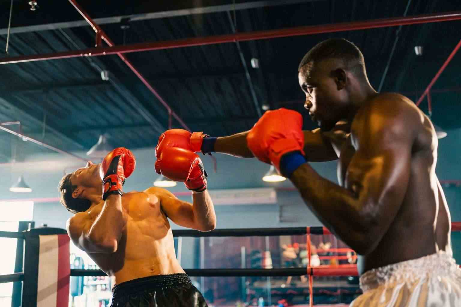 Gym atmosphere, Two professional fighters posing sport boxing ring. Fighting MMA, Thai Boxing match