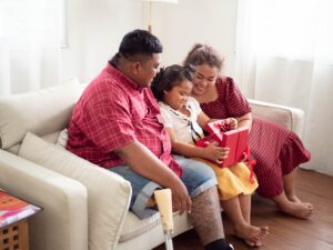Family father mother dad mom son girl kind child happy smile box gift set red color black history mo