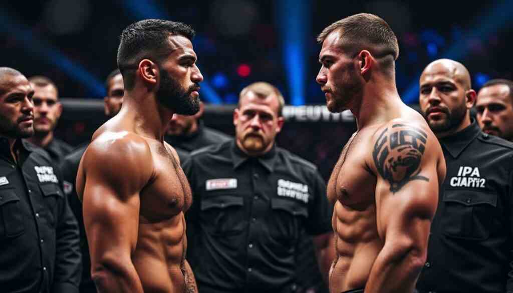 la sécurité intervient rapidement pour éviter un affrontement entre khamzat et ian garry lors de l'événement ufc au qatar, assurant le calme et la discipline.