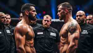 la sécurité intervient rapidement pour éviter un affrontement entre khamzat et ian garry lors de l'événement ufc au qatar, assurant le calme et la discipline.