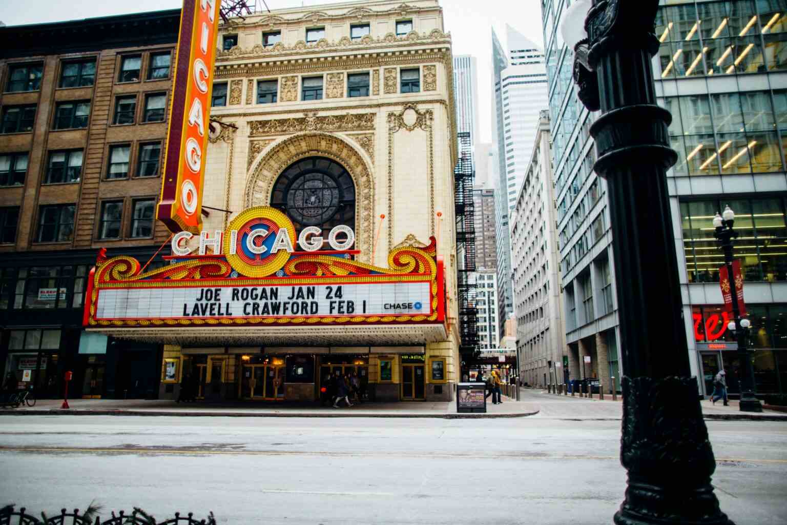 Vibrant view of the historic Chicago Theatre on a bustling downtown street.