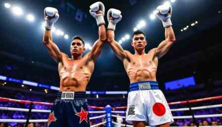 rene santiago célèbre une victoire partagée contre kyosuke takami lors du combat d'unification des titres wba et wbo des 108 lbs, un moment marquant dans la boxe.
