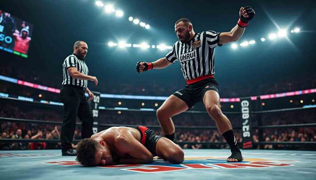 les fans demandent la suspension de l'arbitre après un arrêt controversé du combat suite à un ko brutal causé par une projection spectaculaire.